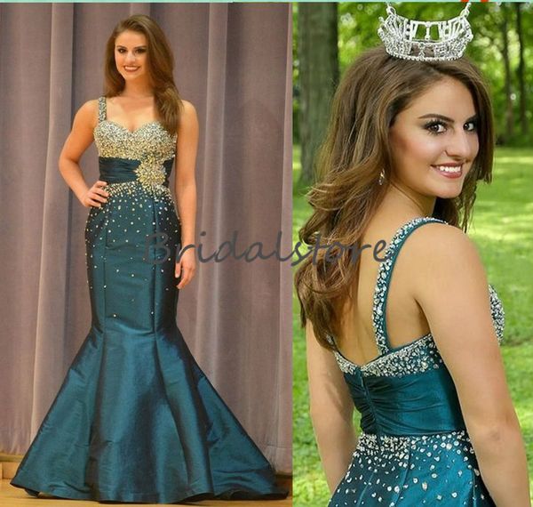 

beautiful teal green mermaid prom dresses beaded crystal strap miss usa pageant evening gown backless taffeta holiday special occasion dress, Black