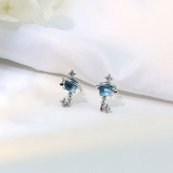 

leouerry lovely blue universe planet moon star key stud earrings for women girls 925 sterling silver earrings fashion jewelry, Golden;silver