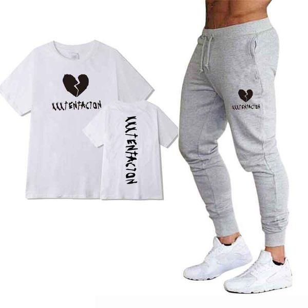 

2020 новых людей t-shirt xxxtentacion летняя мода футболка casual забавный мультфильм printed хип-хоп с коротким рукавом + брюки набор, Gray