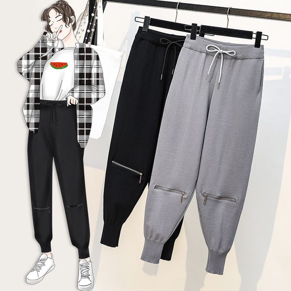 

women's pants & capris plus size women harem high waist zipper loose knitting thin summer spring casual trousers fashion nine points tu, Black;white