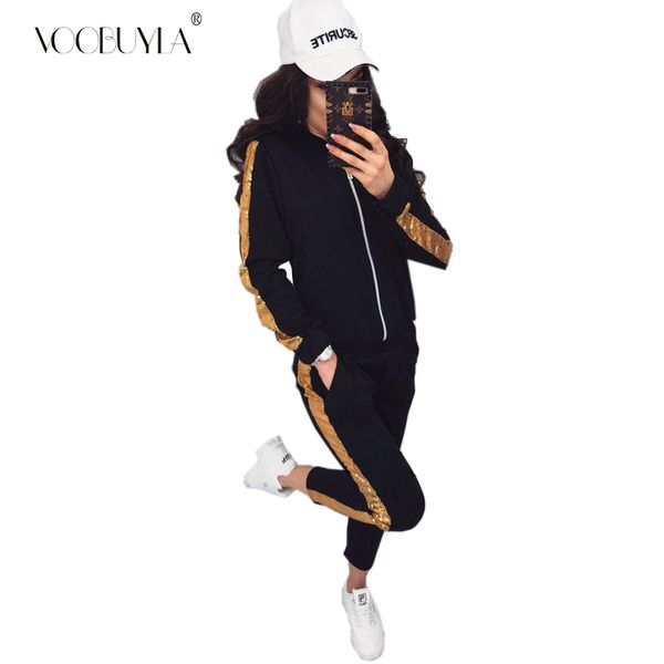 

voobuyla women sportswear casual long sleeve gym clothing autumn tracksuit yoga set fitness clothing zipper sport mujer, Black;blue