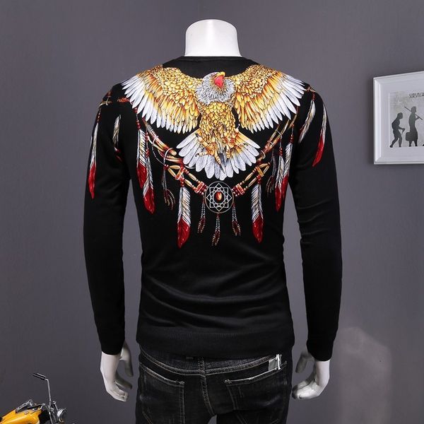 

autumn new mens vintage eagle printed pullover sweater long sleeve slim fit knitted fashion retro knitwear sweaters black, White;black