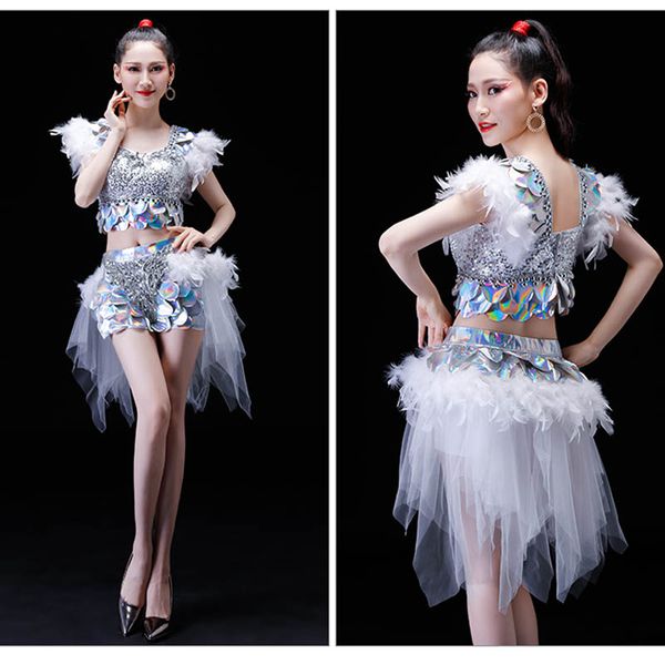 

women jazz hip hop club ds dance costume leather feather dj stage clothes fish skirt red silver green blue, Black;red