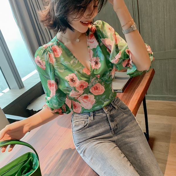 

2020 summer women elegant blouses v neck printing bandage puff sleeve chiffon blouse women's office shirt casual short, White