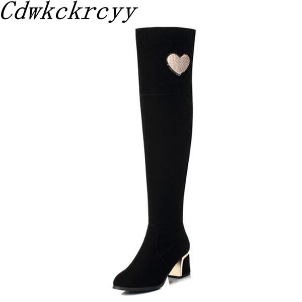 

autumn and winter new style fashion love rhinestone black lace over knee boots cashmere keep warm women boots size 34-43