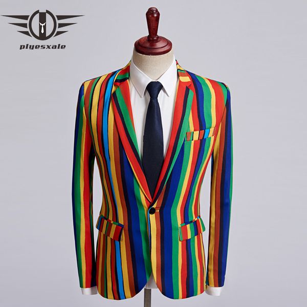 

plyesxale print blazer men 2018 autumn slim fit mens colorful striped blazer jacket hip hop fancy man q472, White;black
