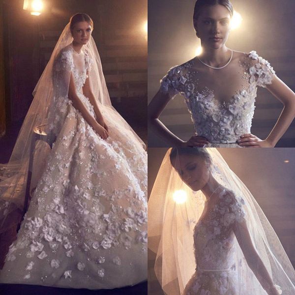 2020 Elie Saab Gelinlik Mücevher Boyun Dantel 3D Çiçek Aplike Boncuklu A Hattı Sahil Gelinlik Kısa Kollu vestidos de Novia 4538