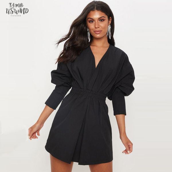 

2020 spring autumn new fashion womens dresses deep v neck long sleeved tunic dress casual dresses elegant sundress vestidos, Black;gray