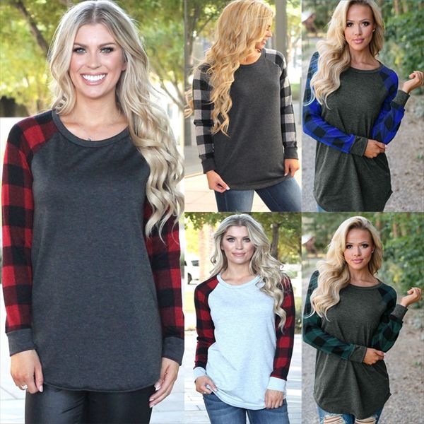 

high pullover quality plaid printing women's pullover stitching color matching base shirt t-shirt, White