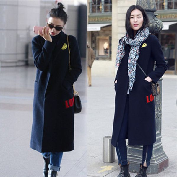 

uk new 2019 spring style women fall winter navy notched lapel woolen long coat female outerwear casacos manteau femme, Black