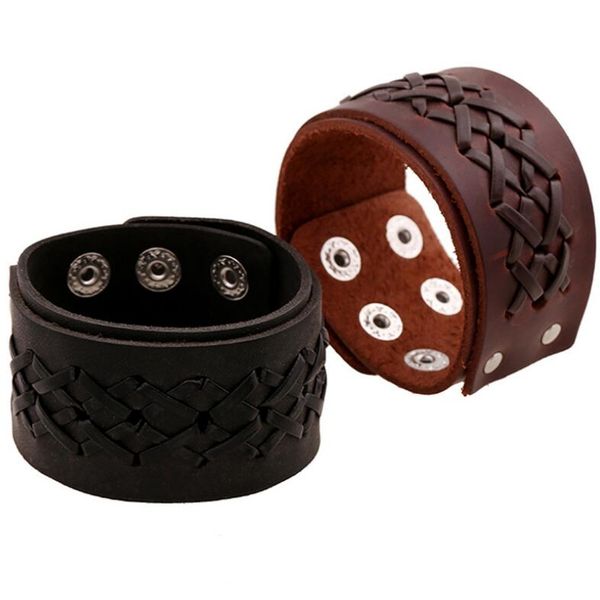 

fashion punk black brown wide leather bracelet cuff wristbands braided charm rope bangle biker men women vintage retro jewelry, Golden;silver