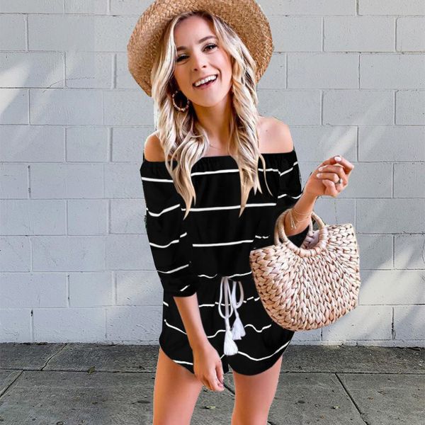 

ladies striped summer jumpsuits slash neck loose casual womens rompers three quarter sleeve fashion female clothing, Black;white