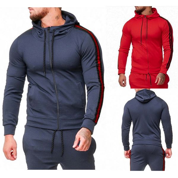 

2019 fashion striped hoodies men solid zipper soprts outwear tracksuit men casual style warm hooded jogging gym sweatshirt male, Black