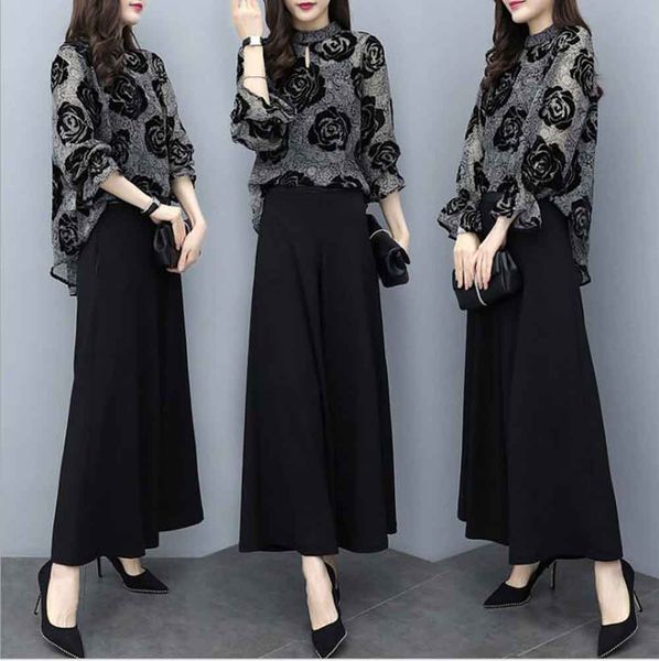 

2019 spring temperament ladies ladies new loose flocking suit shirt wide leg pants two-piece fashion suit women, Black