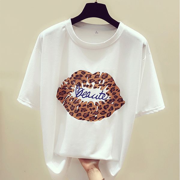 

женщины top t shirt леопардовый дамы 2019 весна лето хлопок femme с коротким рукавом творческий tee топы женщин шею дряблая майки, White