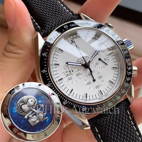 

Apollo 13 Snoopy Award Limited Часы с хронографом Спорт Белый циферблат Стальной корпус Кожаный ремешок Импорт Кварцевые часы с задними часами Snoopy