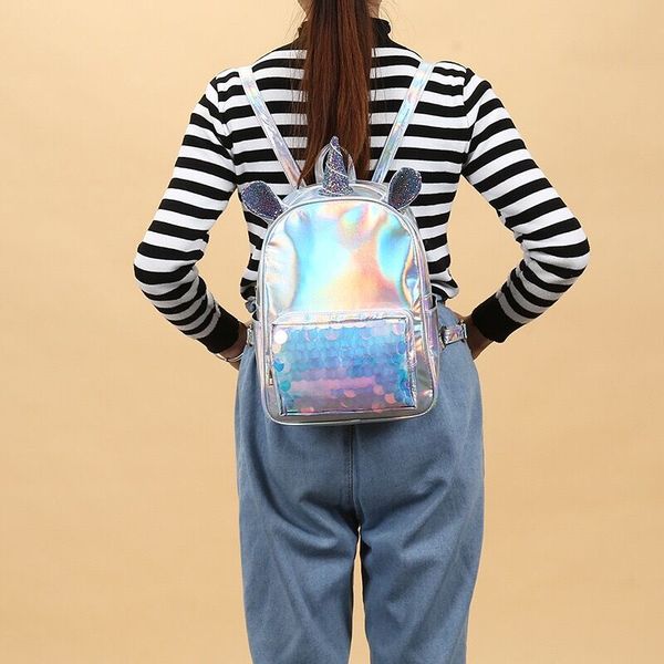 

bentoy unicorn paillette laser hologram backpack women traval lapbackbag fashion rucksack girls mochila bag