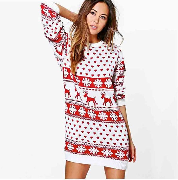 

2019 autumn and winter european and american fashion knitted dress o-neck long-sleeved christmas printed women's loose casual wear, Black;gray