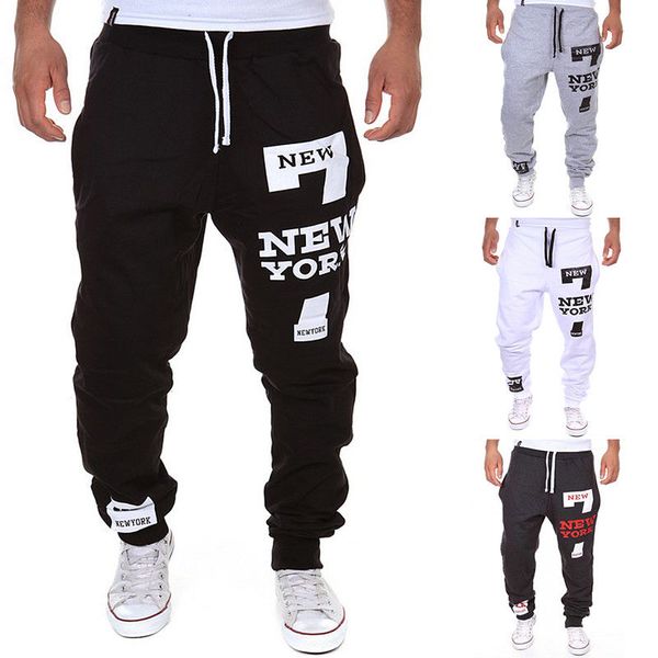 

men new york letters printed pants gym joggers cotton blend lace-up pants, Black