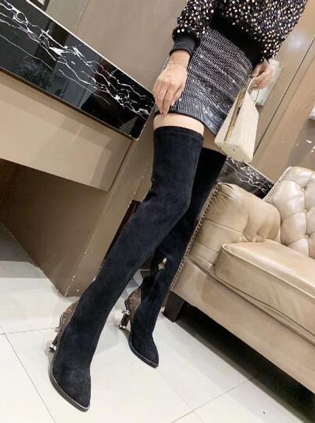 

femininas chunky heel over-the-knee boots genuine leather women zip buckle print thigh-high boots femininas stretch fabric martin boots, Black