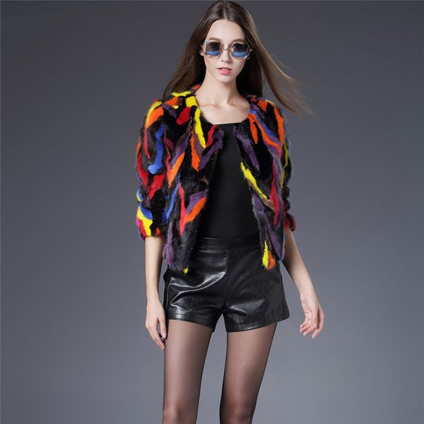 

2017 new fashion women fur coat colorful short section fight mink sleeve women female noble luxury real fur coat high quality, Black