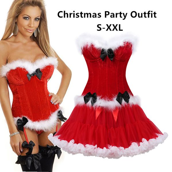 Costume di Halloween Vestito Vestito Clubwear Donna Miss Santa White Fur Trim Corsetto Top con volant Tutu Gonna Abbigliamento da ballo Set Rosso Nero