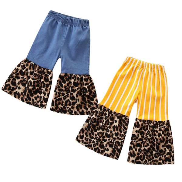 Детские джинсы для девочек Leopard Лоскутная Flared штаны девушки малыша Широкий ноги брюки синие джинсовые детские Брюки Конструктор Детская одежда DW4465