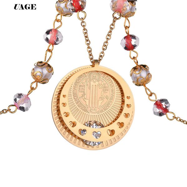 

uage rosary necklace jesus christ pendant necklaces bead long chain mens women st benedict of nursia christian fashion jewelry, Silver