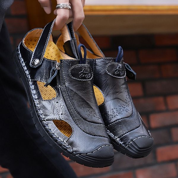 

genuine leather sandals men outdoor beach sandals comfortable fashion mens breathable rubber flip flops shoes large sizes 38-48, Black