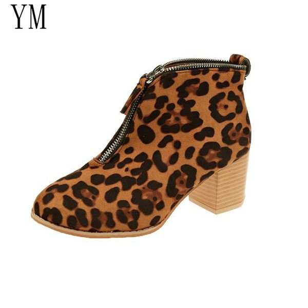 

2020 women boots flock ankle boots spring autumn pointed leopard women ladies party western front zipper plus 35-43, Black