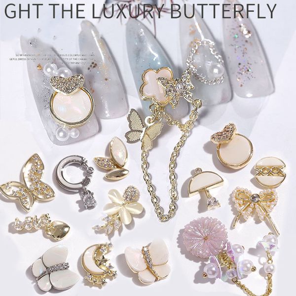 

nails supplier 3d metal zircon nail art jewelry butterfly pearl nail decorations zircon crystal manicure zircon diamond charms, Silver;gold