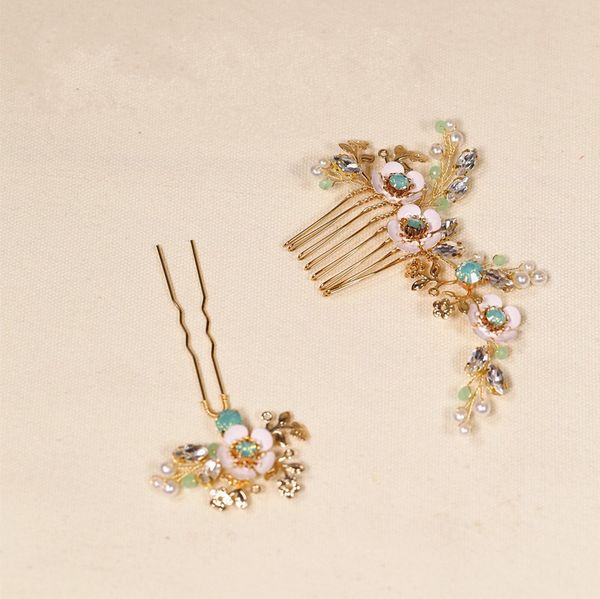 

vintage green crystal hair pins comb set gold bridal hair jewelry wedding hair combs accessories handmade headpiece, Slivery;golden