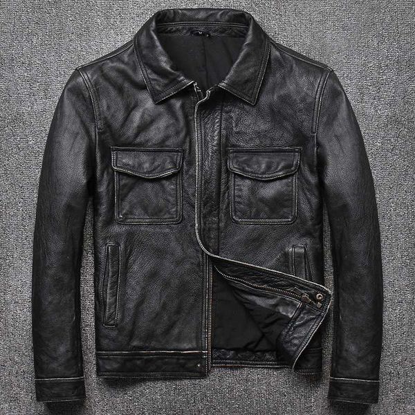 

fashion cowhide 2020 motorcycle biker clothing genuine jacket men vintage black youth casual slim fit real leather coat