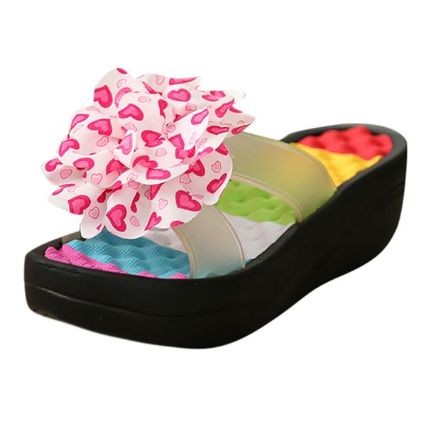 

sagace women summer bohemian style thick soles platform shoes flower beach hole mixed colors swing wedges round toe slippers, Black