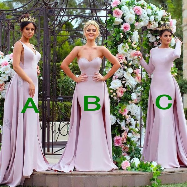

winter 2018 formal bridesmaid dresses long sleeves muslim mermaid lace appliqued detachable train lilac satin bridesmaids dresses, White;pink