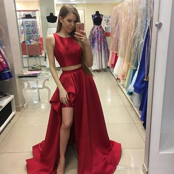 

elegant two pieces o-neck red long evening dresses chapel train split satin formal evening gowns vestido de noite prom dresses for women, Black