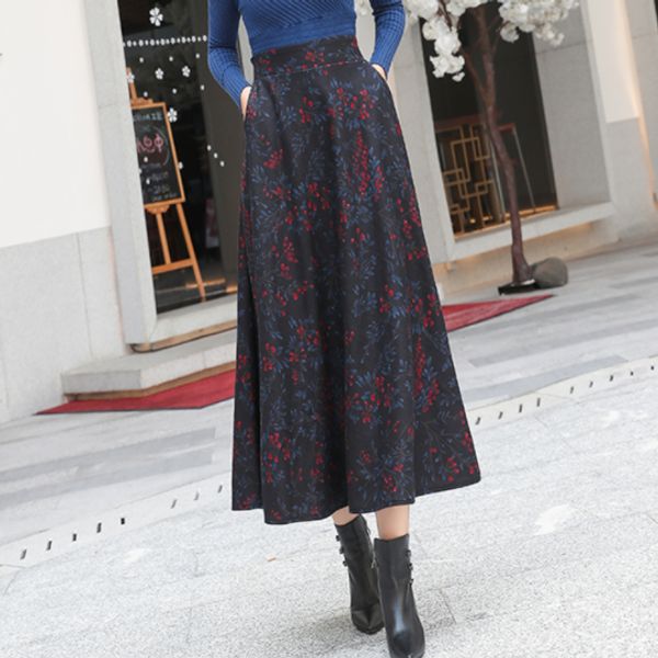 

faldas mujer moda 2019 winter women wool skirt vintage elastic high waist jupe femme long maxi skirt velvet falda larga ee678, Black;gray