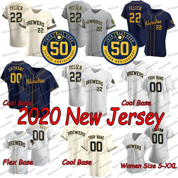 

22 christian yelich 2020 new ben gamel ryan braun lorenzo cain keston hiura josh hader justin smoak orlando arcia eric sogard jersey, Blue;black