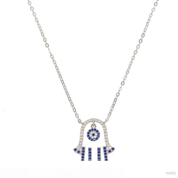 

2018 lucky turkish 925 sterling silver dangle evil eye charm pave blue white cz hamsa hand fatima's hand pendant necklace