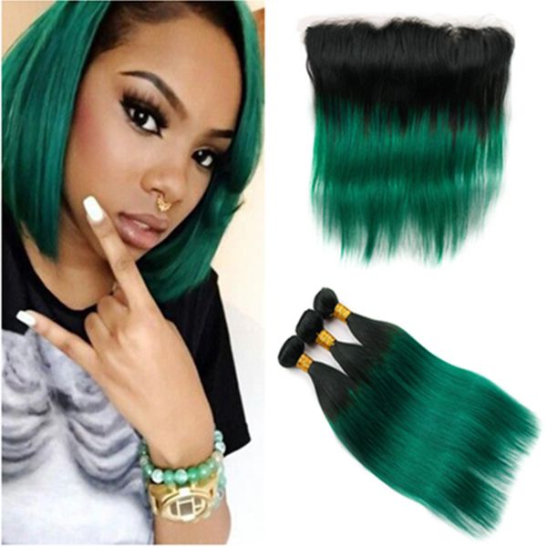2019 1b Green Ombre Straight Brazilian Hair Bundles With Frontal