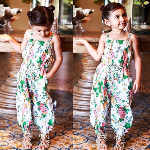 

2019 fashion kids girls rompers clothes child girls kids summer floral overall jumpsuits sleeveless straped outfit clothes 2-7y, Blue