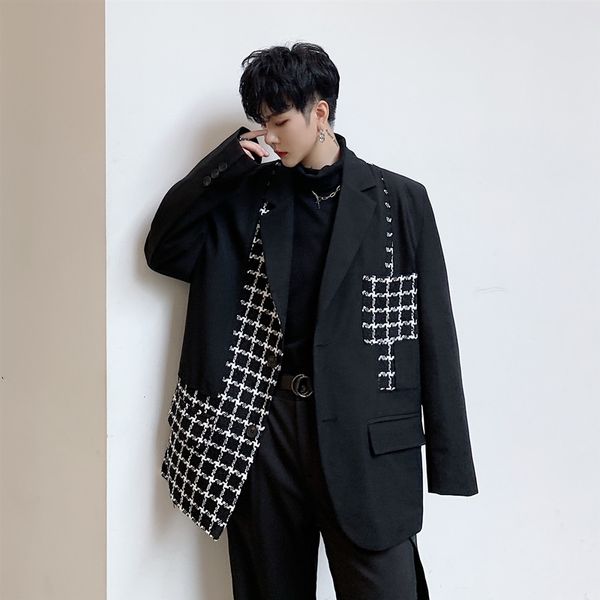

мужчины vintage plaid сращивания свободный свободный костюм куртка мужчина япония harajuku streetwear костюм blazer пальто верхняя одежда st, White;black