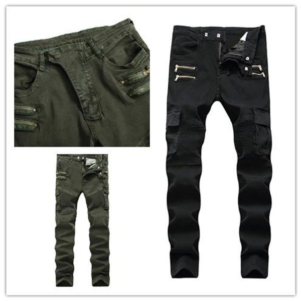 

new arrivals mens designer biker rip zipper cargo pants jeans crinkle damage jeans with broken holes slim legs pants us uk size 28-42, Blue