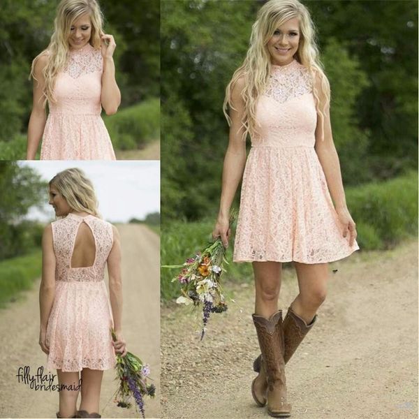 2019 Blush Pink Short Lace Bridesmaid Dresses A Line High Neck