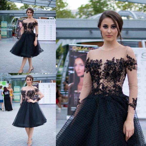 

long sleeve short prom dress illusion bodice lace appliqued beads design knee length little black dresses