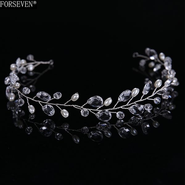 

summer women crystal headbands handmade pearl&rhinestones bride hair jewelry pearl wedding headband accessories ing, Golden;white