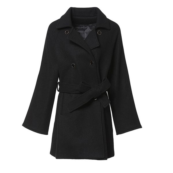 

2020 new women's european and american style light mature pure color double row button woolen coat, Black