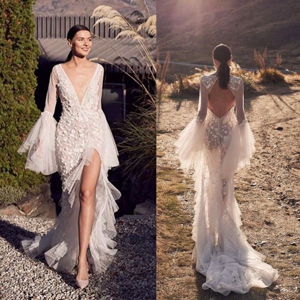 

2019 mermaid lace wedding dresses deep v neck long sleeve side split bridal dress hollow back sweep train beach wedding gowns, White