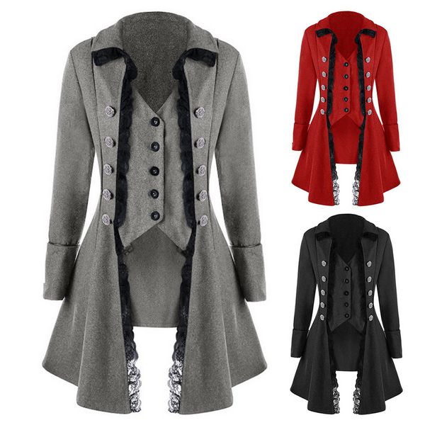

gothic jacket women fashion irregular lace patchwork button decor vintage long jacket autumn female outerwear coats 3xl, Black;brown