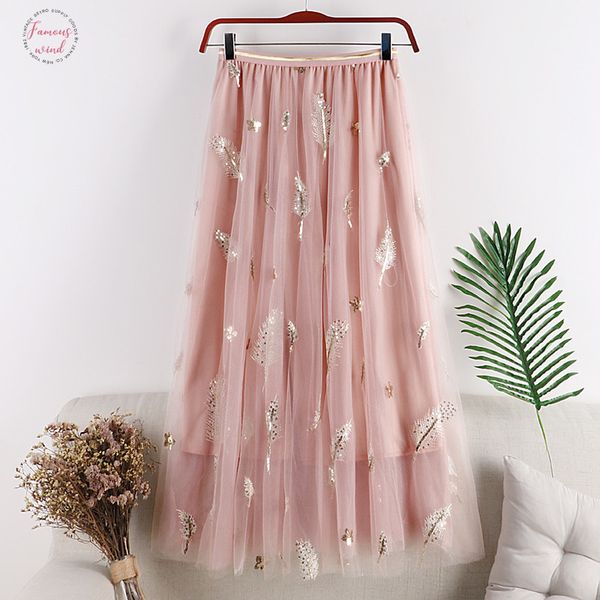 

fanco embroidery chic tulle skirt women spring summer skirts womens midi elastic high waist a line mesh tutu skirt, Black